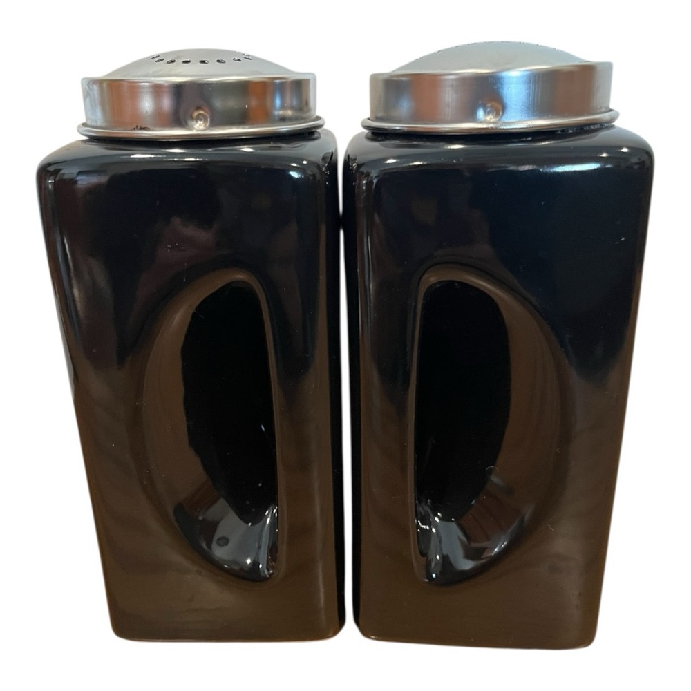 Mid century modern black ceramic large Salt and Pepper Shaker Set